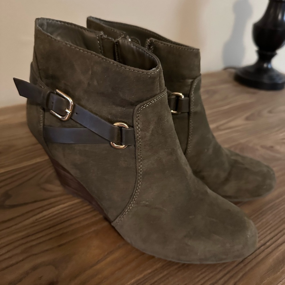 Olive Green suede wedge booties